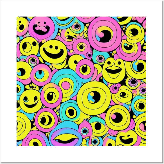 Vibrant Psychedelic Smileys and Cyclops: A Neon Line Art Pattern by Threaded Avenue Wall Art by Threaded Avenue